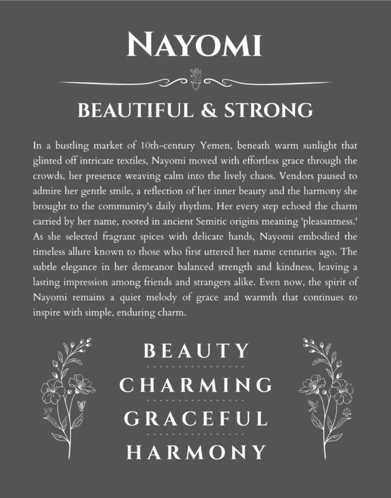 Nayomi personalized name art with origin story in gray
