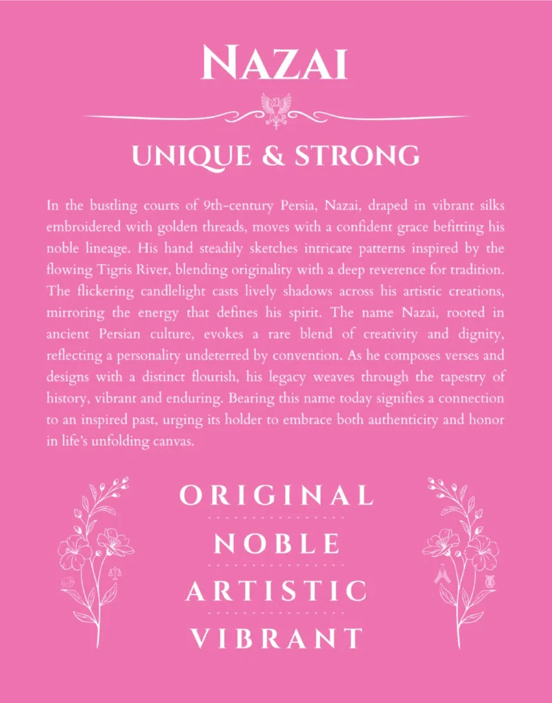 Nazai name origin print with meaning and traits in pink