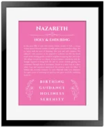 Nazareth name meaning gift print in pink with black matte frame