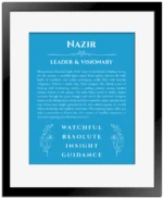 Nazir custom name print for wall display in blue with black matte frame