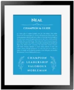 Neal personalized name print with origin and traits in blue with black matte frame
