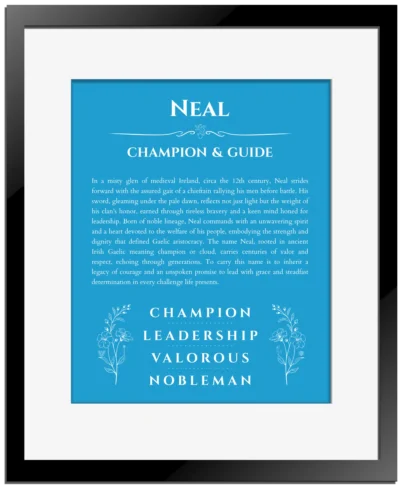 Neal personalized name print with origin and traits in blue with black matte frame