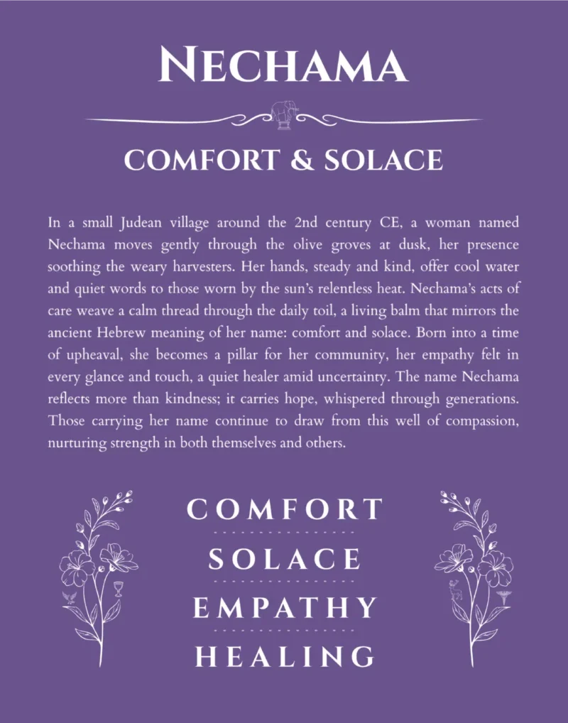 Nechama personalized name print with origin and traits in purple