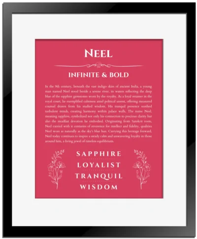 Neel custom name art showing meaning and origin in red with black matte frame