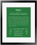 Neev personalized wall art with the story of your name in dark green with black matte frame
