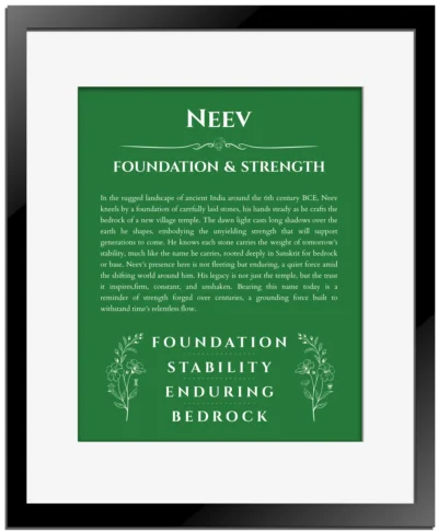 Neev personalized wall art with the story of your name in dark green with black matte frame