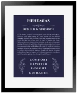 Nehemias personalized wall art with the story of your name in navy blue with black matte frame