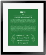Neil custom name print for wall display in dark green with black matte frame