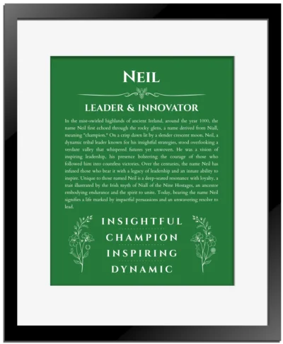 Neil custom name print for wall display in dark green with black matte frame