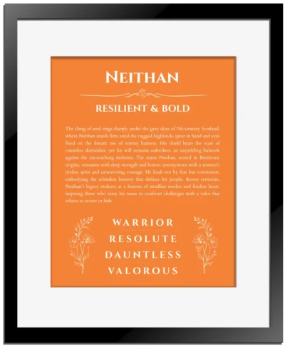 Neithan personalized name meaning print in orange with black matte frame
