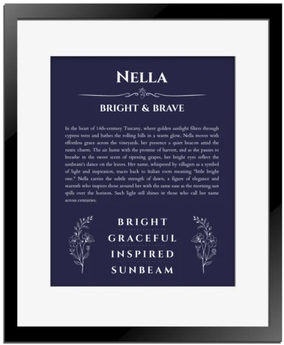 Nella personalized name meaning print in navy blue with black matte frame