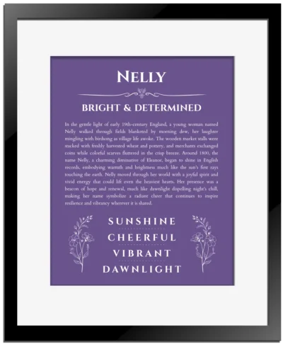 Nelly personalized wall art with the story of your name in purple with black matte frame