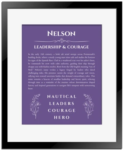 Nelson name meaning gift print in purple with black matte frame