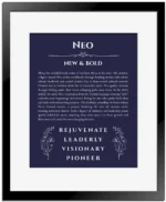 Neo name meaning gift print in navy blue with black matte frame