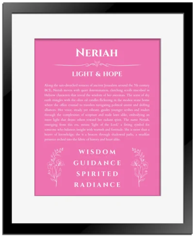 Neriah personalized wall art with the story of your name in pink with black matte frame