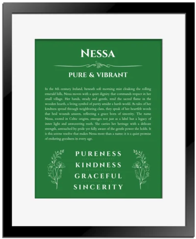 Nessa custom name print for wall display in dark green with black matte frame