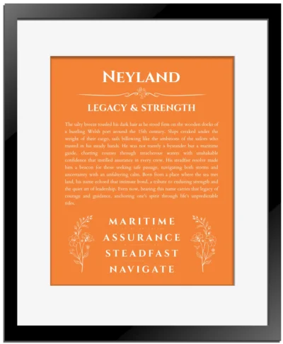 Neyland personalized name meaning print in orange with black matte frame