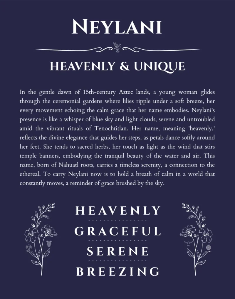 Neylani personalized name art with origin story in navy blue