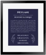 Neylani personalized name art with origin story in navy blue with black matte frame