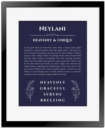 Neylani personalized name art with origin story in navy blue with black matte frame