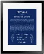 Neymar personalized name art with origin story in deep blue with black matte frame