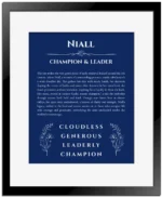 Niall custom name print for wall display in deep blue with black matte frame