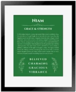 Niam custom name meaning print in dark green with black matte frame