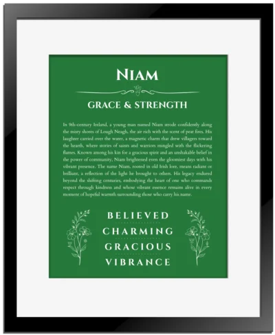 Niam custom name meaning print in dark green with black matte frame