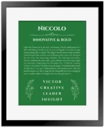Niccolo name origin print with meaning and traits in dark green with black matte frame