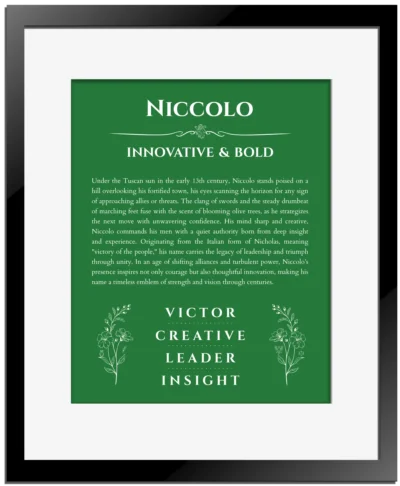 Niccolo name origin print with meaning and traits in dark green with black matte frame