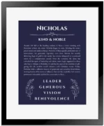 Nicholas personalized name print with origin and traits in navy blue with black matte frame