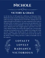 Nichole personalized name print with origin and traits in deep blue