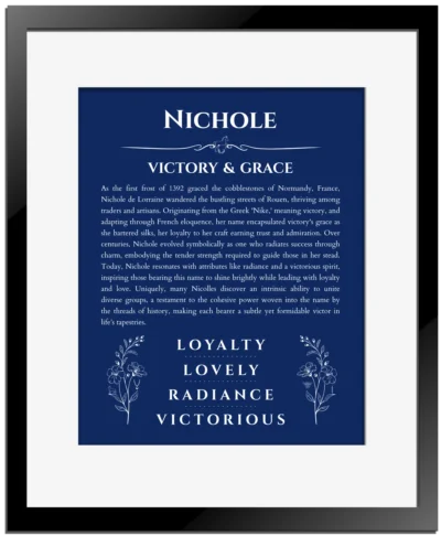 Nichole personalized name print with origin and traits in deep blue with black matte frame
