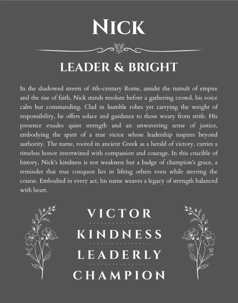 Nick personalized name art with origin story in gray
