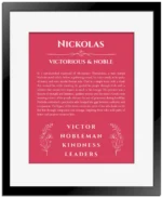 Nickolas personalized name art with origin story in red with black matte frame