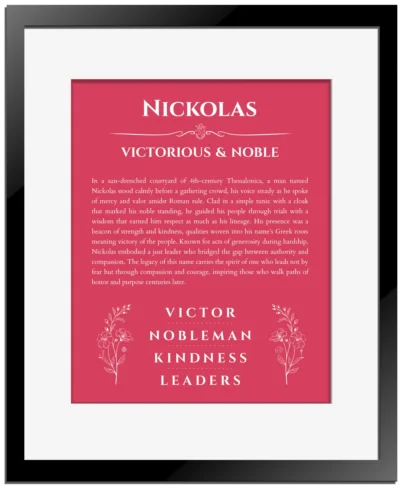 Nickolas personalized name art with origin story in red with black matte frame