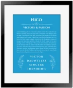 Nico name meaning wall art by Get Your Story in blue with black matte frame