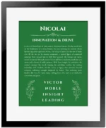 Nicolai name meaning gift print in dark green with black matte frame