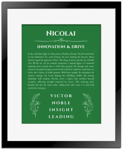 Nicolai name meaning gift print in dark green with black matte frame