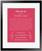 Nicolas personalized name meaning print in red with black matte frame