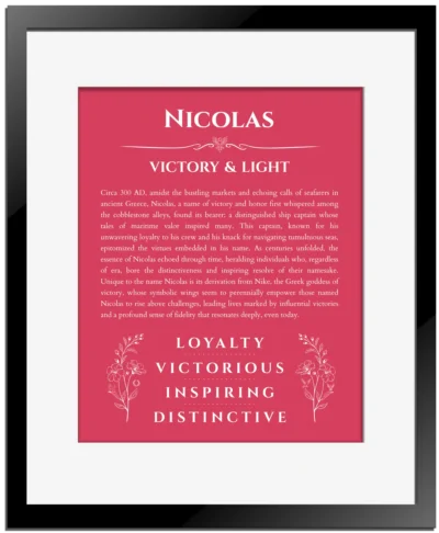 Nicolas personalized name meaning print in red with black matte frame