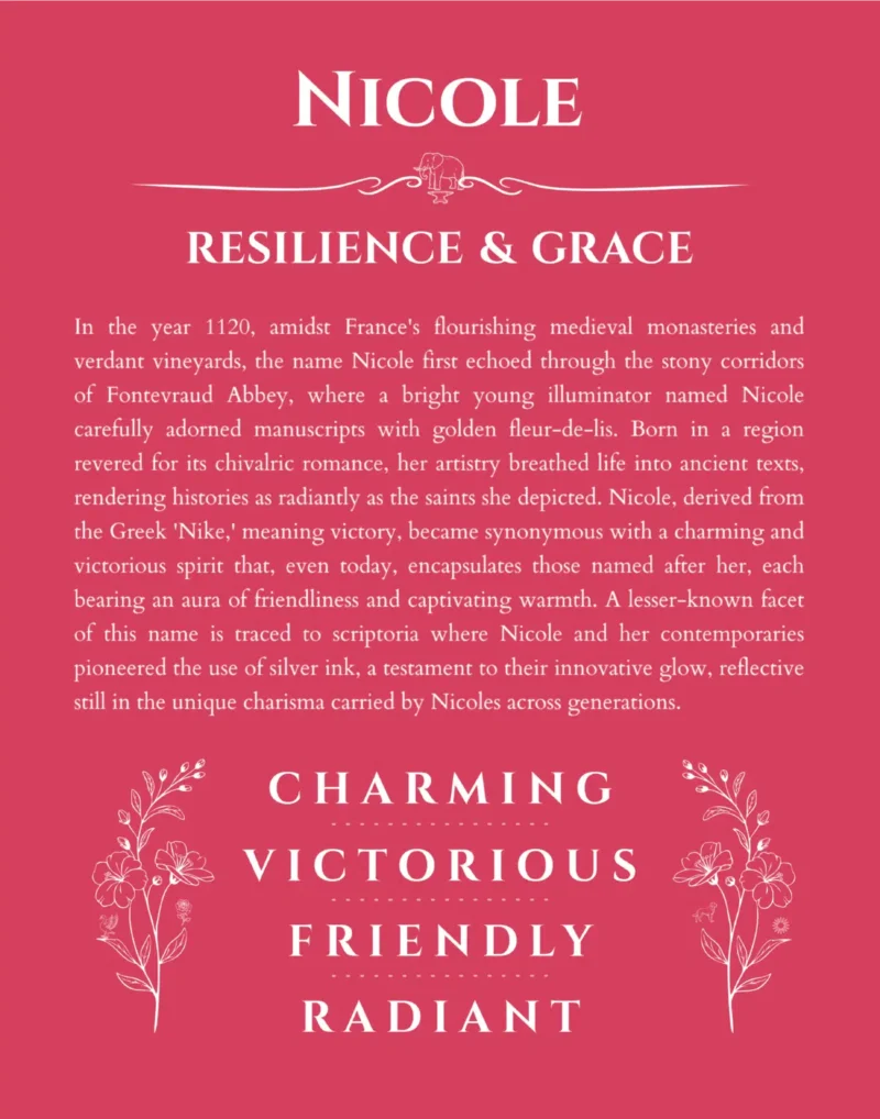 Nicole name origin print with meaning and traits in red