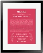 Nicole name origin print with meaning and traits in red with black matte frame