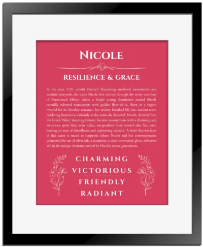Nicole name origin print with meaning and traits in red with black matte frame
