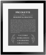 Nicolette custom name print for wall display in gray with black matte frame