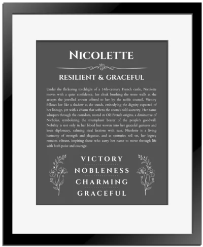 Nicolette custom name print for wall display in gray with black matte frame