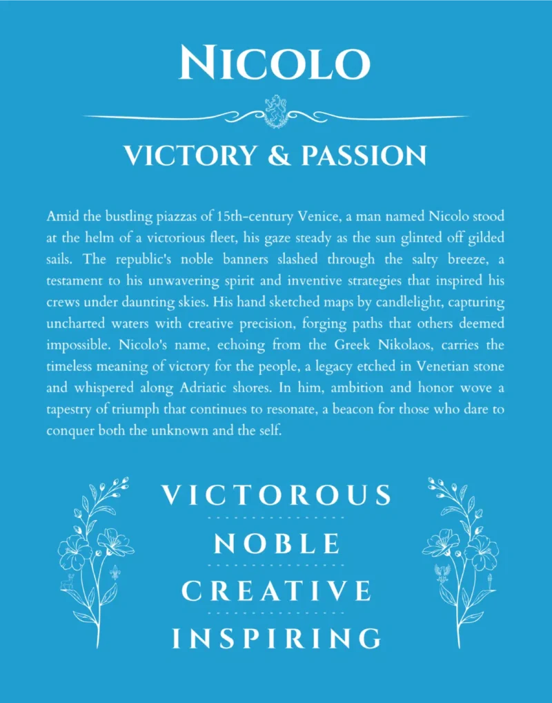 Nicolo name origin print with meaning and traits in blue