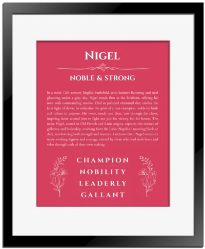 Nigel personalized name print with origin and traits in red with black matte frame