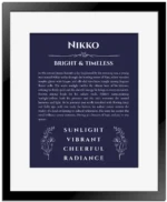 Nikko custom name art showing meaning and origin in navy blue with black matte frame