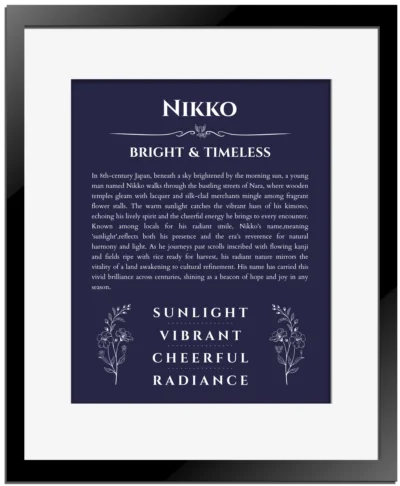 Nikko custom name art showing meaning and origin in navy blue with black matte frame